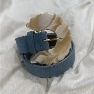 Sezane Women’s Blue Suede Belt with Cream Sculpted Buckle
